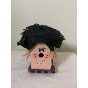 Halloween Witch Bird House Black Wood Small Decoration Burlap Witch Hat 9" Tall